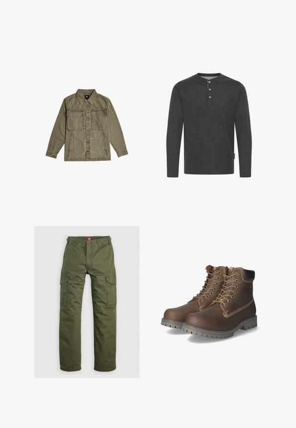 Olivengroene overhemdjas met lange mouwen, twee grote voorzakken met klep en knoopsluiting in het midden.; Donkergrijze lange mouwen shirt van zachte stof, met een henley-halslijn en drie houten knopen, plus een zijlabel.; Olijfgroene cargobroek gemaakt van duurzame stof, met zijzakken, een knoopsluiting en een rechte pijpdesign.; Bruine leren enkellaarsjes met veters, een geveerd kraagje, contrasterende stiksels en een robuuste rubberen zool met grippatronen.