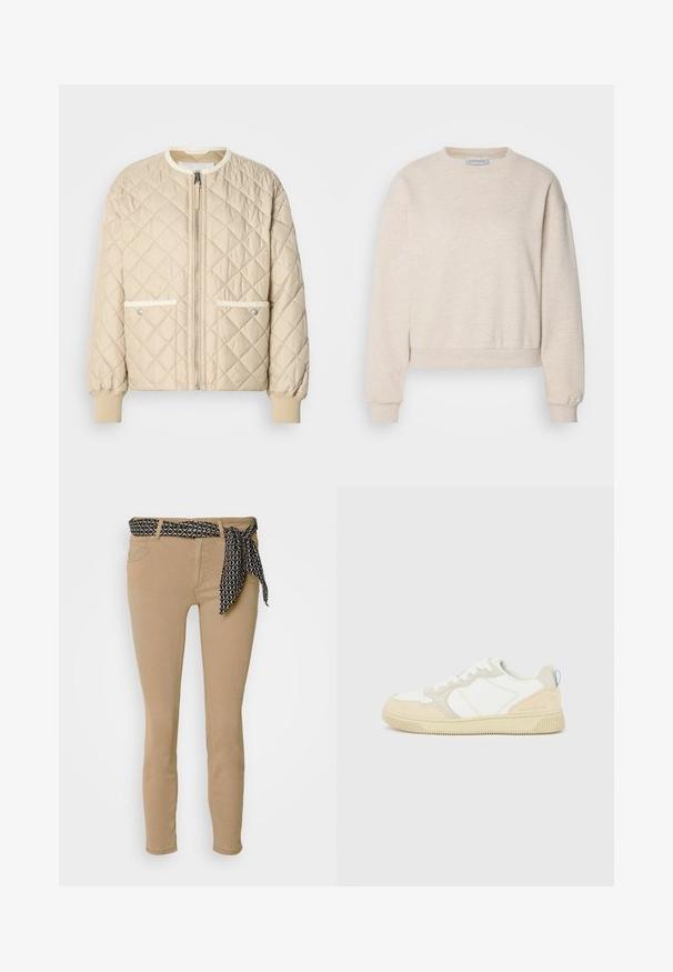 Chaqueta bomber acolchada beige con cremallera frontal, dos bolsillos laterales con ribete blanco y puños ribeteados en las mangas y en la parte inferior.; Sudadera beige clara hecha de tela suave, con un cuello redondo, costuras de hombro caídas y puños y dobladillo acanalados.; Jeans skinny beige con una cinturilla negra estampada y una corbata a juego. Presentan cinco bolsillos y una textura suave de mezcla de algodón.; Zapatilla blanca y beige con parte superior de ante y textil, con costuras en contraste, suela de goma y un detalle en azul claro en el talón.