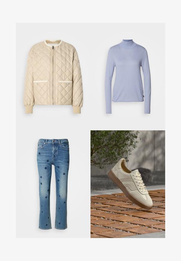 Beige quiltet bomberjakke med lynlås foran, to sidelommer med hvid kant og ribbede manchetter ved ærmerne og bunden.; Lyseblå langærmet turtleneck-top fremstillet af blødt stof, med en tætsiddende pasform og en glat tekstur. Minimalistisk stil uden mønstre.; Lysblå denimjeans med lige ben, prydet med marineblå blomsterbroderi og slitageeffekter nær lommerne og kanten.; Sneakers i cremefarve med en struktureret beige gummisål, snøredesign og diskret brand på siden. Overdel i glat læder.