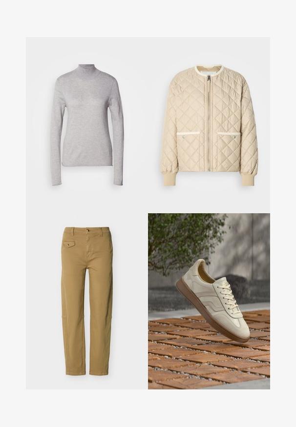 Chaqueta bomber acolchada beige con cremallera frontal, dos bolsillos laterales con ribete blanco y puños ribeteados en las mangas y en la parte inferior.; Top de color gris claro con cuello de tortuga y mangas largas, confeccionado en un material suave y de punto. Presenta un diseño ajustado y cuello acanalado. Textura lisa.; Pantalones rectos de color caqui con cierre de botón y cremallera, trabillas para cinturón y un pequeño bolsillo con solapa y botón en el lado izquierdo delantero.; Zapatilla de color crema con suela de goma beige texturizada, diseño con cordones y sutiles detalles de marca en el lateral. Parte superior de cuero liso.