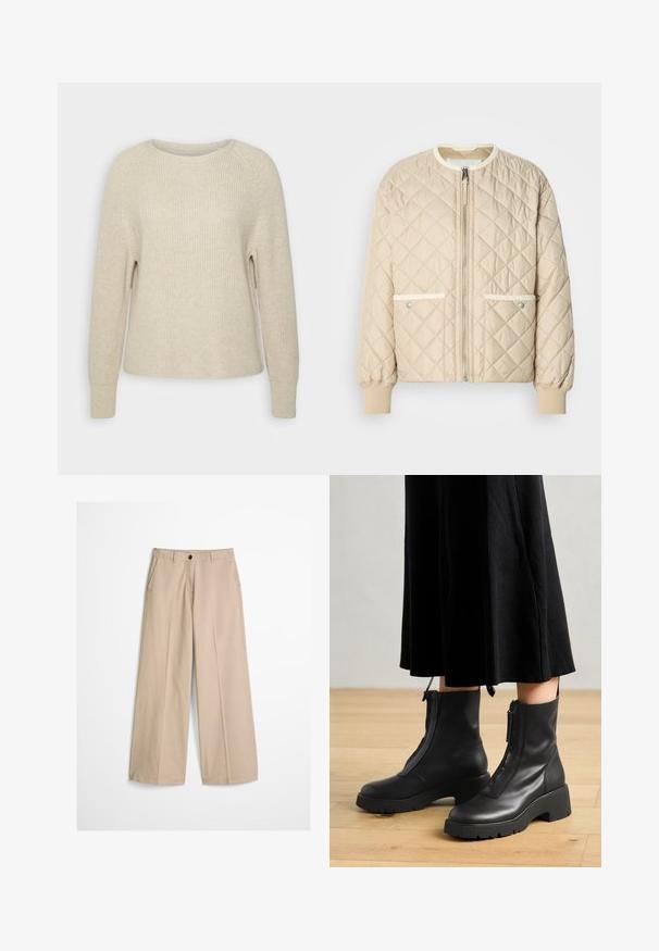 Beige quiltet bomberjakke med lynlås foran, to sidelommer med hvid kant og ribbede manchetter ved ærmerne og bunden.; Lyserød strikket sweater med rund halsudskæring, raglanærmer og ribbede manchetter. Teksturen er blød med en afslappet pasform og minimal detaljering.; Beige bukser med vide ben, forfløj, bæltestropper, knaplukning og en lille stofmærke på højre side af linningen.; Sorte læder ankelstøvler med en kraftig platformsål og en frontlynlås. Glat tekstur med et minimalistisk design.
