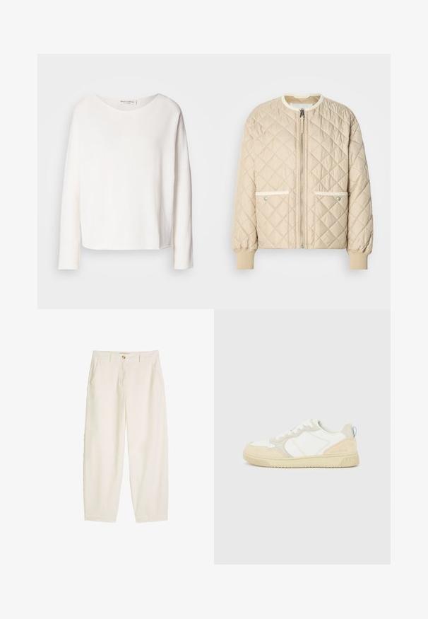 Chaqueta bomber acolchada beige con cremallera frontal, dos bolsillos laterales con ribete blanco y puños ribeteados en las mangas y en la parte inferior.; Blusa de manga larga y cuello redondo en suave y ligera tela blanca con un corte holgado. Presenta un dobladillo limpio y sin herrajes visibles.; Pantalones entallados de color crema con bolsillos delanteros, trabillas para cinturón y cierre de un solo botón en la cintura.; Zapatilla blanca y beige con parte superior de ante y textil, con costuras en contraste, suela de goma y un detalle en azul claro en el talón.
