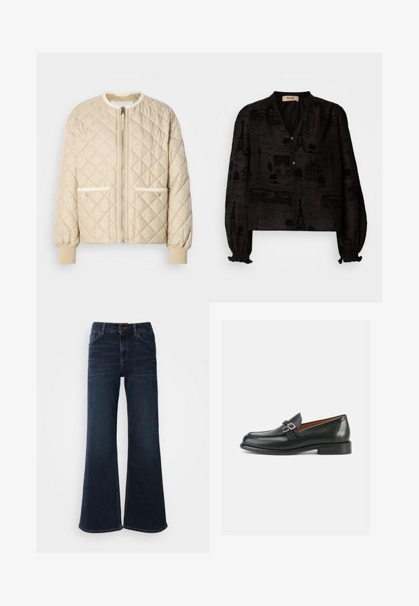 Beige gewatteerde bomberjack met een voorrits, twee zijzakken met witte bies en ribbelmanchetten aan de mouwen en onderkant.; Mos Mosh TALE LIGHT BLOUSE - Overhemdblouse - black; Mos Mosh HERA - Flared Jeans - dark blue; Zwarte leren loafers met een gestikt ontwerp, voorzien van een dubbele gespsluiting en een licht verhoogde hak voor extra lengte.