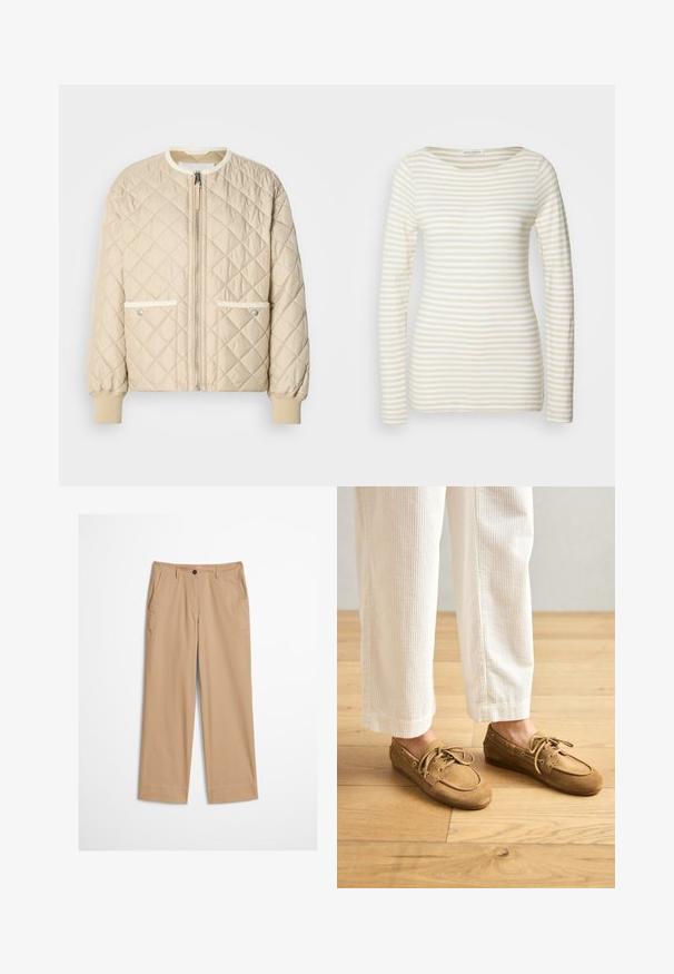 Beige quiltet bomberjakke med lynlås foran, to sidelommer med hvid kant og ribbede manchetter ved ærmerne og bunden.; Stribet langærmet skjorte i en creme og beige bomuldsblanding, med rund halsudskæring og tætsiddende silhuet. Blød tekstur med subtile mønstre.; Beige bomuldsbukser med lige ben, knaplukning foran og en glat tekstur. Har standard bærestropper og flad frontdesign.; Brune ruskinds bådsko med snørebånd, der har en rund tå og syede detaljer. Båret med hvide kordfløjl-bukser i en træagtig indstilling.