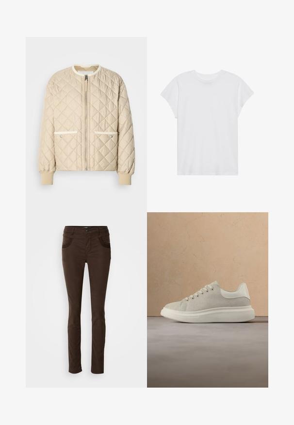 Veste en satin beige matelassée avec une fermeture éclair à l'avant, deux poches latérales avec un liseré blanc, et des poignets côtelés aux manches et en bas.; T-shirt blanc à manches courtes, col rond, coupe décontractée, en tissu de coton doux. Texture lisse, sans motifs ni logos.; Pantalons marron ajustés en tissu mélangé coton. Présente des poches avant avec des coutures décoratives, une fermeture à bouton et une texture lisse.; Baskets basses beiges avec semelle et lacets blancs, placées près d'une table en bois avec des livres empilés dans un salon aux tons neutres.