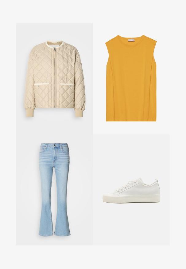 Beige quilted bomber jacket with a front zipper, two side pockets with white trim, and ribbed cuffs at the sleeves and bottom.; Yellow sleeveless top made of soft cotton, featuring a round neckline and straight cut, with subtle stitching along the edges.; Light blue flared jeans made of denim with a high waist, featuring subtle fading and a standard zip-fly closure.; White canvas sneakers with a textured upper, round toe cap, flat sole, and lace-up front. Features a slightly frayed collar and pull tab.