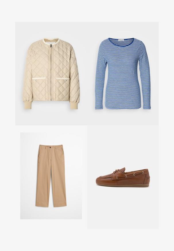 Beige gewatteerde bomberjack met een voorrits, twee zijzakken met witte bies en ribbelmanchetten aan de mouwen en onderkant.; Langsleeve shirt met een ronde hals, met afwisselend blauwe en witte horizontale strepen. Gemaakt van zachte, lichte stof.; Beige katoenen broek met rechte pijpen, een knoopsluiting aan de voorkant en een gladde textuur. Voorzien van standaard riemlussen en een platte voorkant.; Bruine leren bootschoenen met vetersluiting, metalen oogjes, een gestructureerde afwerking en een flexibele tan rubberen zool. Rond afgewerkte teen.