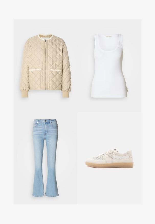 Beige quiltet bomberjakke med lynlås foran, to sidelommer med hvid kant og ribbede manchetter ved ærmerne og bunden.; Hvid ribbet tanktop med rund halsudskæring og brede stropper. Har en logomærkat på sidesømmen. Fremstillet af blødt, elastisk stof.; Lyseblå vide jeans lavet af denim med høj talje, prydet med subtil falming og en standard lynlås-lukning.; Lyse beige sneakers med øverste del i glat læder og meshpaneler. Rundet tå, snørebånd og en struktureret gummisål.