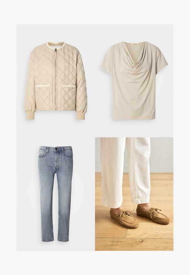 Veste en satin beige matelassée avec une fermeture éclair à l'avant, deux poches latérales avec un liseré blanc, et des poignets côtelés aux manches et en bas.; Top beige à manches courtes avec un col drapé. Tissu doux et léger avec une texture lisse et une coupe décontractée. Étiquette visible au niveau du col.; Jean en denim bleu clair avec une coupe décontractée, des jambes droites et une légère décoloration. Comprend une fermeture à bouton à l'avant et cinq poches pour plus de praticité.; Bateaux en daim marron avec lacets, présentant un bout arrondi et des accents cousus. Portés avec un pantalon en velours côtelé blanc dans un environnement en bois.