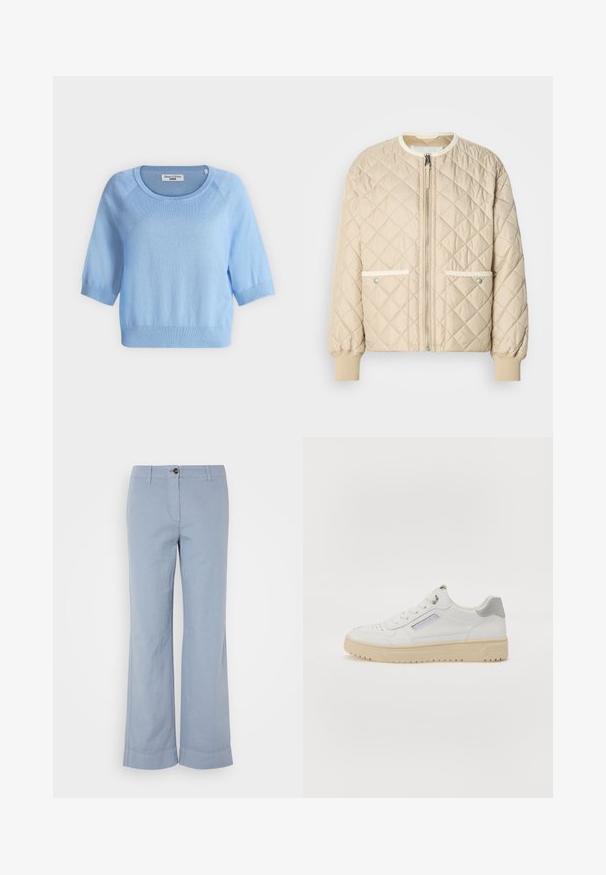 Veste en satin beige matelassée avec une fermeture éclair à l'avant, deux poches latérales avec un liseré blanc, et des poignets côtelés aux manches et en bas.; Pull bleu clair à manches courtes avec encolure ronde et poignets et ourlet côtelés, étiqueté Marc O'Polo Denim.; Pantalons en lin bleu clair avec une coupe droite, fermeture à bouton et ourlet retroussé. Texture lisse, conçus pour un port décontracté.; Baskets blanches pour hommes avec une texture lisse, des accents gris, un bout rond et une semelle en caoutchouc beige. Comprend une étiquette sur le côté et des détails perforés.