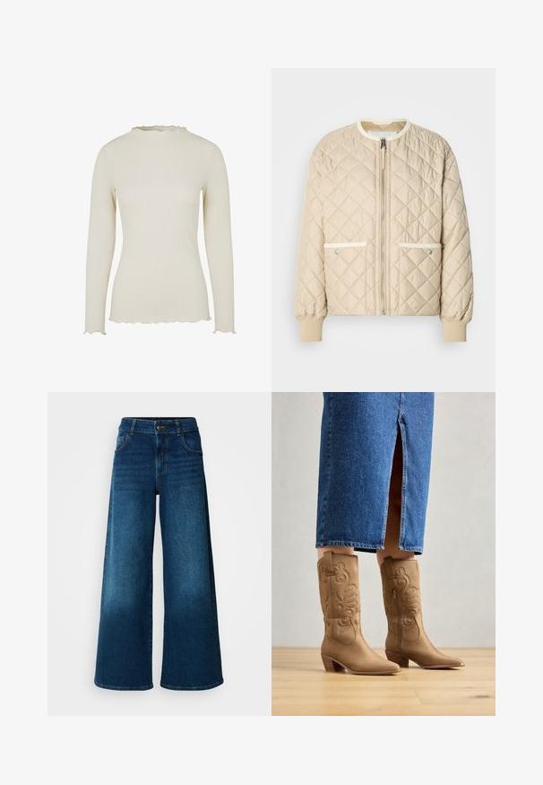 Veste en satin beige matelassée avec une fermeture éclair à l'avant, deux poches latérales avec un liseré blanc, et des poignets côtelés aux manches et en bas.; T-shirt à manches longues en tissu côtelé crème clair avec une finition texturée. Dispose d'un décolleté et d'un ourlet à volants pour un détail supplémentaire.; Jean large en denim bleu foncé. Doté d'une taille haute, d'une fermeture à bouton et d'un design classique à cinq poches avec une légère décoloration.; Bottes western en cuir marron avec des coutures décoratives, bout pointu et talon empilé. Portées avec une jupe en denim longue jusqu'au genou, mettant en valeur les bottes.