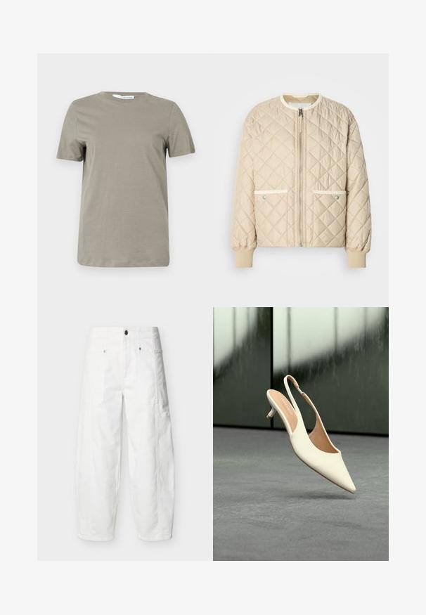 Beige quiltet bomberjakke med lynlås foran, to sidelommer med hvid kant og ribbede manchetter ved ærmerne og bunden.; Khaki kortærmet t-shirt lavet af blødt stof. Rund halsudskæring; lige kant. Minimalistisk design uden synlige mønstre eller detaljer.; Hvide bukser med vidde ben, frontlommer med påsyet lommer, knaplukning og synlige sømdetaljer, vist på en ensfarvet baggrund.; Beige slingbacks til kvinder med spids tå og lav kitten-hæl, der svæver over en grå gulv med en sløret mørk baggrund.