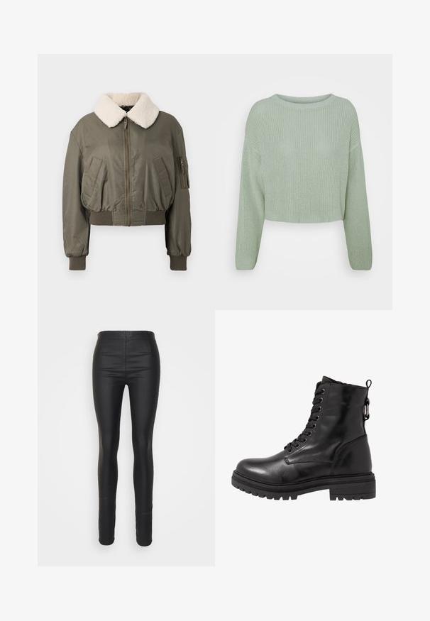 Veste bomber courte en vert olive, avec un col en fourrure blanche, fermeture éclair, poches latérales et poignets côtelés. Texture lisse.; Pull vert clair en maille avec manches longues et col rond, présenté sur un fond blanc uni.; ONLY Tall ONLROCK LIFE COATED SKIN - Legging (type pantalon) - black; Bottine en cuir noir avec bout arrondi, devant à lacets et semelle en caoutchouc texturé. Comprend une languette au dos et des coutures renforcées.
