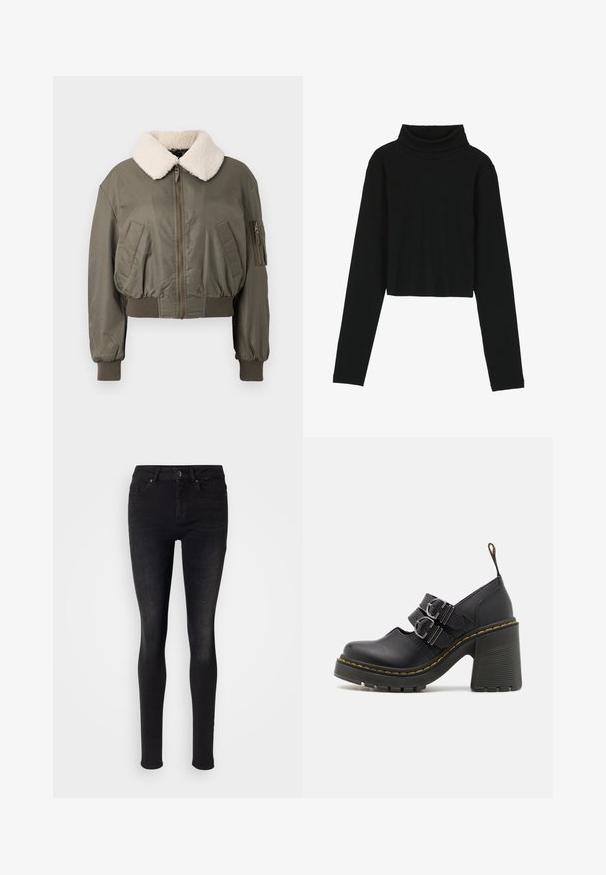 Korte bomberjack in olijfgroen, met een donzige witte kraag, ritsluiting, zijzakken en geribbelde manchetten. Soepele textuur.; Even&Odd by Zalando Longsleeve - black; Zwarte skinny jeans van denim, met een klassieke vijf-pocket ontwerp, frontale knoopsluiting en een gladde, licht verstoorde textuur.; Zwarte hoge hakken met een gestructureerde zool, voorzien van twee zilveren gespen, gele stiksels en een lus aan de achterkant voor gemakkelijk aan- en uittrekken.