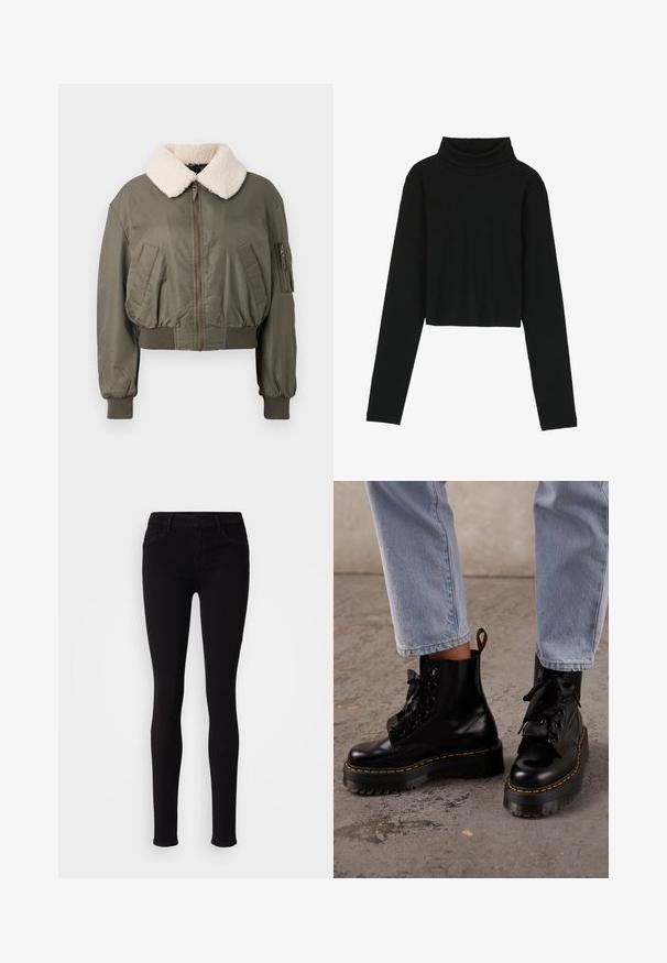 Korte bomberjack in olijfgroen, met een donzige witte kraag, ritsluiting, zijzakken en geribbelde manchetten. Soepele textuur.; Even&Odd Longsleeve - black; Zwarte slim-fit broek met knoopsluiting, riemlussen en zijzakken, weergegeven tegen een effen lichte achtergrond.; Persoon draagt lichtblauwe spijkerbroek en zwarte leren veterplatformlaarzen met gele stiksels op een betonnen vloer.