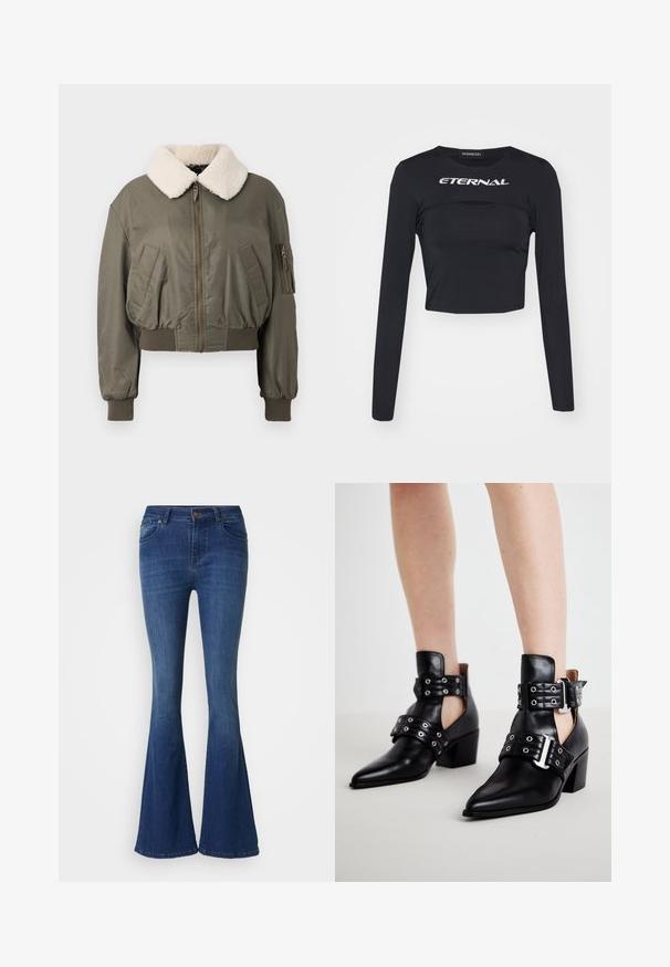 Veste bomber courte en vert olive, avec un col en fourrure blanche, fermeture éclair, poches latérales et poignets côtelés. Texture lisse.; Haut cropped à manches longues noir, en tissu lisse, arborant le mot "ÉTERNEL" en argent sur la poitrine et un détail découpé horizontal.; Jean en denim bleu foncé évasé, taille mi-haute, design à cinq poches, avec fermeture à bouton sur le devant. Texture lisse, décoloration minimale.; Bottes à chevilles en cuir noir avec des points de pieds, dotées de quincaillerie à œillets et de deux sangles réglables à boucle. Les talons blocs ajoutent de la stabilité.