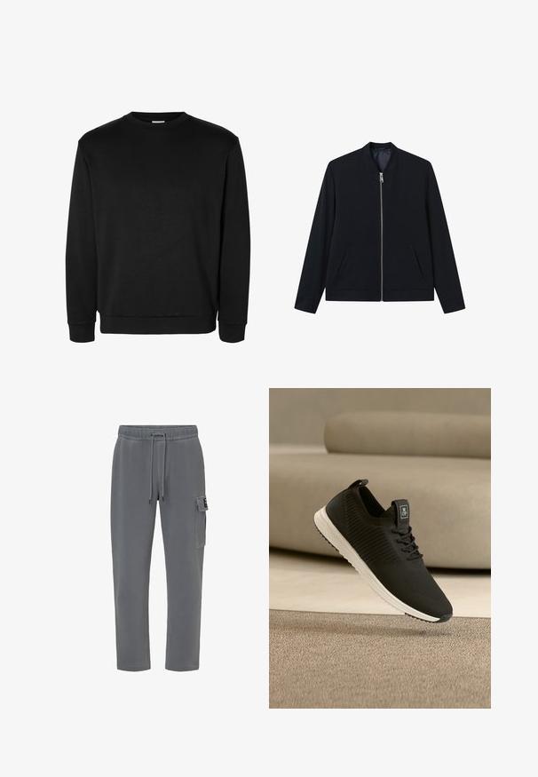 Schwarze Bomberjacke mit Reißverschluss, rundem Kragen, zwei Seitentaschen, glatter Textur und minimalistischem Design, mit dezentem Branding auf der Brust.; Schwarzer Langarm-Rundhalspullover mit gerippten Bündchen und Saum, schlichtes Design ohne sichtbare Logos oder Muster.; Graue Freizeit-Hose mit elastischem Bund, Kordelzug und seitlicher Cargotasche mit Aufnäher und Klappenverschluss.; Schwarzer Stricksneaker mit weißer Sohle und "MOP"-Etikett auf der Zunge, auf einem beigen Teppich vor einem beigen Sofa platziert.