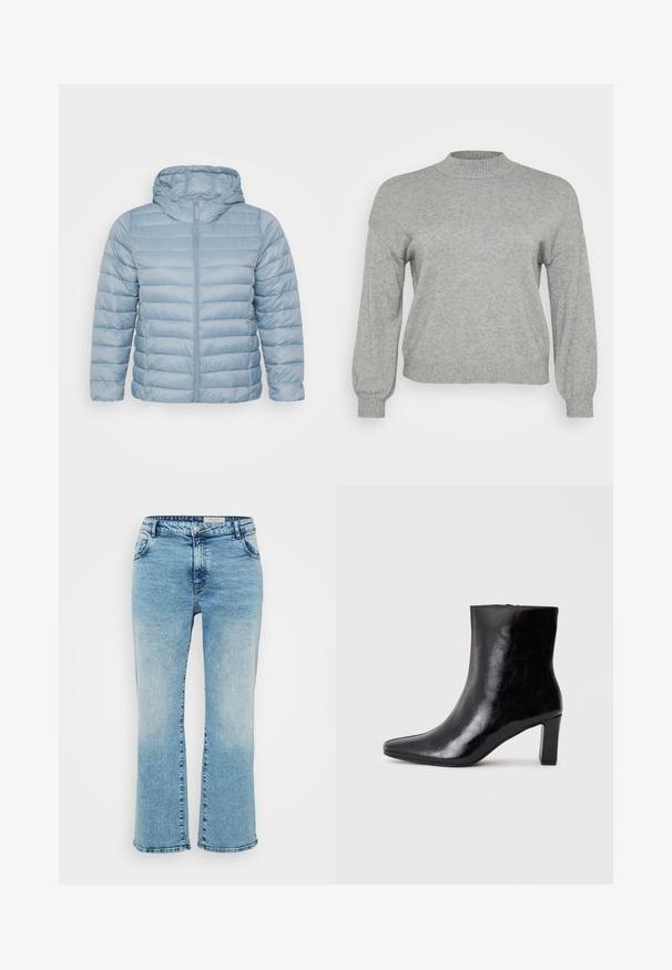 Lyseblå, polstret jakke med hætte. Har horisontale quiltede sektioner, fuld lynlåslukning og en glat, skinnende stofoverflade.; Lysegrå strikket sweater med lange ærmer, ribbestrikket rund hals, manchetter og kant, præsenteret på en hvid baggrund.; Lyseblå denimjeans med lige snit, der har knaplukning, fem lommer og subtil falming ved knæene.; Sorte ankelstøvler lavet af blank læder, med spidse tæer og en mellemstor blokhæl, med en glat tekstur og et enkelt design.