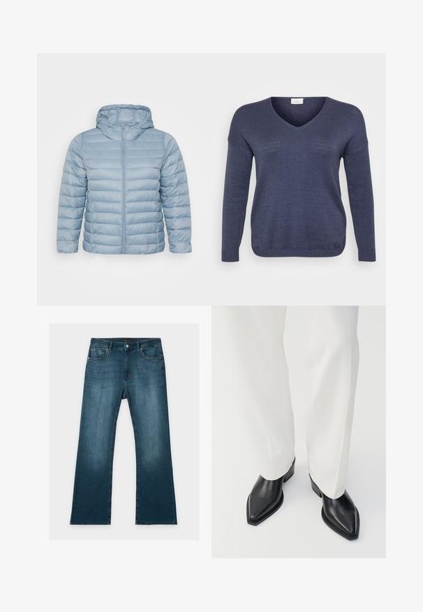 Lichtblauwe, gevoerde jas met een capuchon. Bevat horizontaal doorgestikte secties, volledige ritssluiting en een gladde, glanzende stoftextuur.; Marineblauw gebreid sweater met een V-hals, lange mouwen en ribgebreide manchetten. Materiaal lijkt zacht met een fijne textuur. Geen zichtbare patronen.; Blauwe jeans met rechte pijpen, voor- en achterzakken, knoop- en ritssluiting, en subtiele vervaagde details op dijen en knieën.; Zwarte puntige enkellaarzen met een gladde leren afwerking, lage blokhakken, gecombineerd met witte wijde broekspijpen. Eenvoudig en modern design.