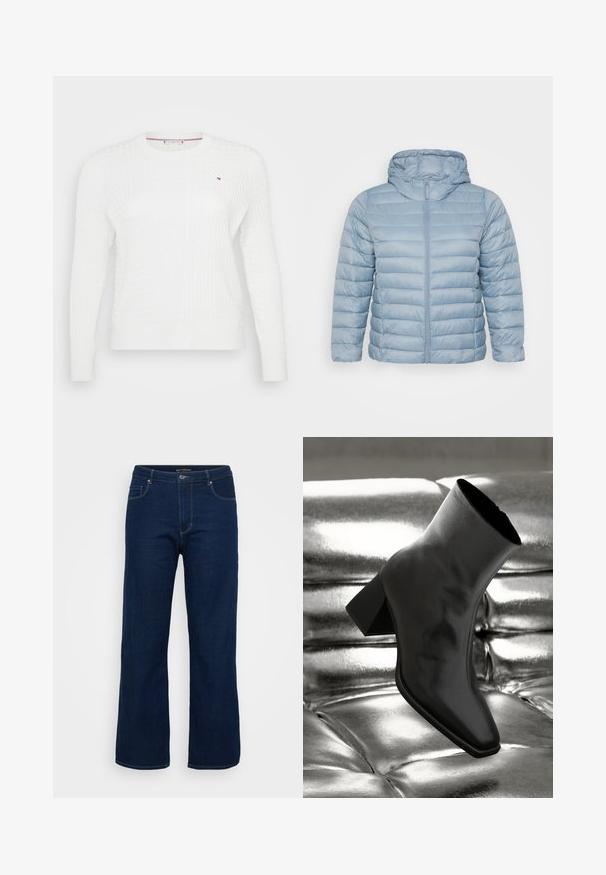 Veste rembourrée bleu clair avec capuche. Comprend des sections cousues horizontalement, une fermeture éclair intégrale et une texture de tissu lisse et brillante.; Pull en tricot blanc avec un motif de losanges texturé, encolure ronde et manches longues. Petit logo sur la poitrine.; Jean en denim bleu foncé avec une coupe droite, dotés d'une fermeture éclair, de cinq poches et de coutures visibles.; Botte noire à la cheville en matériau brillant avec un bout carré et un talon effilé, sur un fond argenté brillant et capitonné.