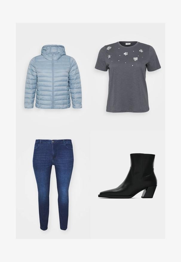 Hellblau, gepolsterte Jacke mit Kapuze. Sie verfügt über horizontale Steppungen, einen durchgehenden Reißverschluss und eine glatte, glänzende Stoffoberfläche.; Graues Baumwoll-T-Shirt mit kurzen Ärmeln, verziert mit metallischen Blumenapplikationen und Pailletten, die auf der Vorderseite angeordnet sind. Weiche Textur, lässige Passform.; Dunkelblaue Slim-Fit-Jeans aus Denim mit einem Frontknopf und Taschen, von der Front gegen einen weißen Hintergrund gezeigt.; Schwarze Leder-Stiefelette mit spitzem Zeh, schlanker Silhouette und klobigem quadratischem Absatz. Glatte Textur mit minimalen Nähdetails.