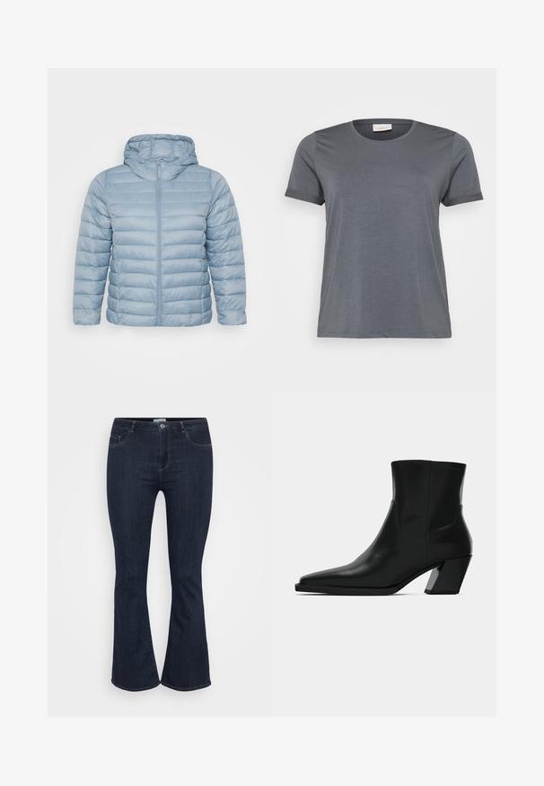Lichtblauwe, gevoerde jas met een capuchon. Bevat horizontaal doorgestikte secties, volledige ritssluiting en een gladde, glanzende stoftextuur.; Grijze t-shirt met korte mouwen, gemaakt van zachte stof, met een klassieke ronde halslijn en omgeslagen mouwen. Een gladde textuur zonder zichtbare patronen.; Donkerblauwe high-waisted denim jeans met een aansluitende pijp en een lichte flare aan de onderkant, voorzien van voorzakken en een knoopsluiting.; Zwarte leren enkelboot met een spitse neus, een slanke silhoeet en een chunky vierkante hak. Gladde textuur met minimale stikdetails.