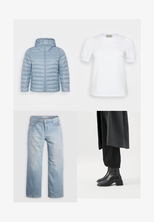 Lichtblauwe, gevoerde jas met een capuchon. Bevat horizontaal doorgestikte secties, volledige ritssluiting en een gladde, glanzende stoftextuur.; Witte korte mouw t-shirt van katoen, met een ronde halslijn en pofmouwen met elastische manchetten. Eenvoudig en klassiek design.; Lichtblauwe wijde jeans van denim. Heeft een hoge taille, vijf zakken en contrasterende stiksels. Gladde textuur met een vervaagde afwerking.; Zwarte leren enkellaarzen met lage blokhakken gedragen met een zwarte broek en een donkergrijze lange jas.