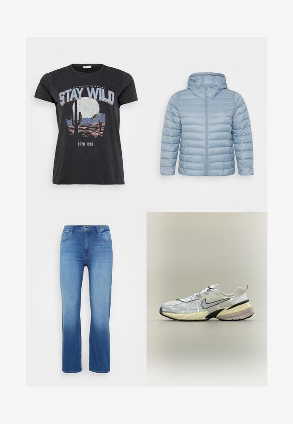 Hellblau, gepolsterte Jacke mit Kapuze. Sie verfügt über horizontale Steppungen, einen durchgehenden Reißverschluss und eine glatte, glänzende Stoffoberfläche.; Schwarzes Baumwoll-T-Shirt mit einem grafischen Druck einer Wüstenlandschaft mit Kakteen, einem Mond und dem Schriftzug "STAY WILD" in blauer Schrift.; Hellblaue Jeans aus Denim mit geradem Schnitt, Fünf-Taschen-Design und einem ausgeblichenen Effekt am Saum. Knopfverschluss an der Taille.; Weißer und grauer Nike-Sneaker mit Mesh-Obermaterial, schwarzem Swoosh, beiger Zwischensohle und schwarzer Außensohle auf hellem Hintergrund.