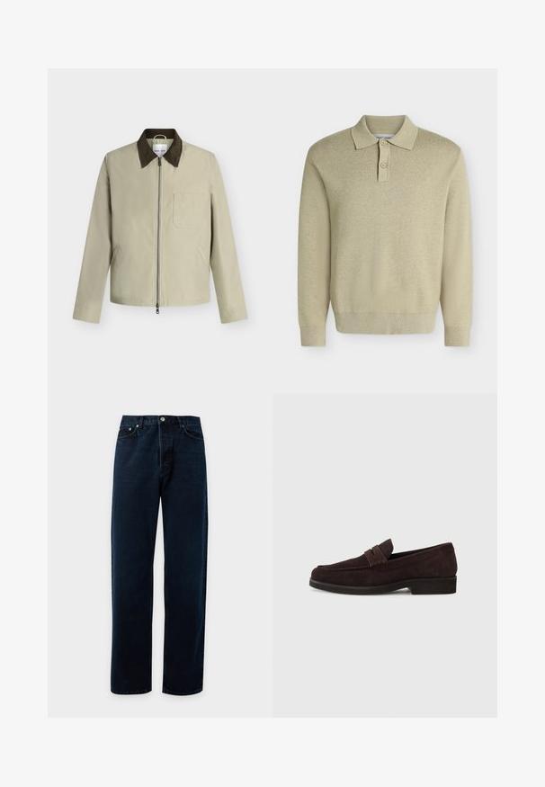 Veste beige avec col marron foncé, fermeture éclair frontale, poche poitrine et deux poches latérales, présentée sur un fond gris clair.; Polo beige à manches longues avec col et deux boutons, poignets et ourlet côtelés, présenté sur un fond clair uni.; Jean en denim bleu foncé à coupe droite avec poches avant, passants de ceinture et fermeture par bouton métallique sur un fond clair uni.; Mocassins en daim marron avec une silhouette basse et un embout arrondi. Présentent une sangle décorative sur le dessus, une semelle en caoutchouc plate et sans couture visible.