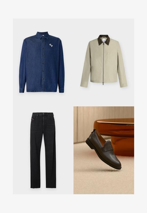 Chaqueta beige con cuello marrón oscuro, cremallera frontal, bolsillo en el pecho y dos bolsillos laterales, mostrada sobre un fondo gris claro.; Camisa de denim azul oscuro con cierre de botones en la parte delantera, mangas largas y cuello puntiagudo. Presenta un logo "RP" bordado en blanco.; Jeans de mezclilla negra con un diseño de corte recto, bolsillos delanteros y un detalle de pestaña roja en el bolsillo izquierdo. La tela tiene una ligera textura.; Mocasín de cuero marrón oscuro con un tacón bajo flotando sobre una alfombra beige, junto a una mesa brillante, redondeada y de color ámbar.
