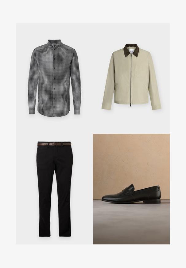 Veste beige avec col marron foncé, fermeture éclair frontale, poche poitrine et deux poches latérales, présentée sur un fond gris clair.; Chemise à manches longues à carreaux noirs et blancs avec un col boutonné, offrant une coupe régulière et une fermeture à boutons sur le devant. Tissu texturé.; Pantalon noir slim associé à une ceinture en cuir marron foncé, stylisé pour un look épuré et moderne sur un fond clair uni.; Mocassin en cuir noir présenté en lévitation au-dessus d'un tapis beige avec un canapé beige en arrière-plan.