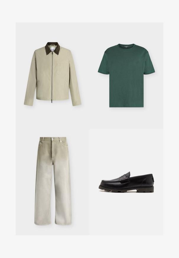 Beige jakke med mørkebrun krave, frontlynlås, brystlomme og to sidelommer, vist mod en lysegrå baggrund.; Mørkegrøn kortærmet bomulds-T-shirt med rund hals, ensfarvet design, vist fladt mod hvid baggrund.; Beige og lysegrå jeans med vidde ben, forlommer, bæltestropper og knaplukning.; Sorte læder loafers med rund tå, dekorativ syning og en tekstureret ydersål for bedre greb. Let hævet hæl.