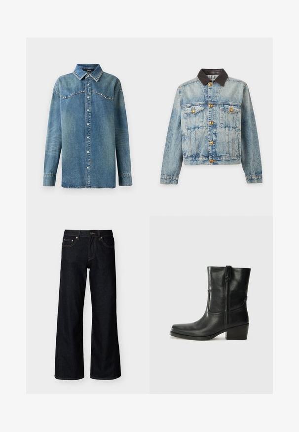 Lyseblå denimjakke med guldfarvede knapper, to brystlommer med klap, lodrette sømdetaljer og en kontrasterende mørkebrun krave.; Blå denim skjorte med lange ærmer, trykknapper, spids krave og rhinsten-detaljer langs bærestykke og kravekanter.; Mørkeblå jeans med brede ben, med forreste knap, lynlås og styling med fem lommer på en ensfarvet lys baggrund.; Sort læder ankelstøvle med rundt tå, blokhæl, lynlås i siden og stikninger på vampsiden. Glat tekstur, klassisk design.