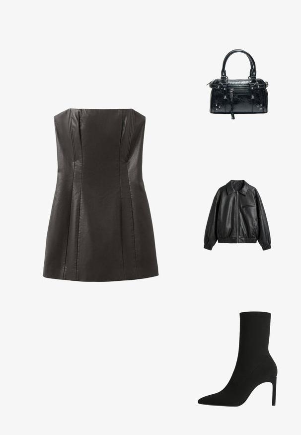 Veste noire en cuir synthétique avec fermeture éclair devant, col pointu, poignets et ourlet élastiques, et une poche poitrine zippée sur fond blanc.; Robe noire en cuir sans bretelles avec un corsage ajusté, des plis et une texture lisse. Présente un décolleté droit et une jupe évasée.; Bottine noire en suede doux, avec un bout pointu et un talon aiguille haut. Design minimaliste sans matériel ou motifs visibles.; Sac à main en cuir noir avec deux poignées, poche avant zippée, clous argentés et surface texturée isolée sur fond blanc.