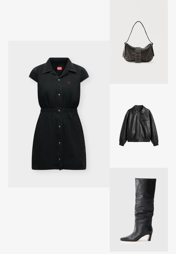 Veste noire en cuir synthétique avec fermeture éclair devant, col pointu, poignets et ourlet élastiques, et une poche poitrine zippée sur fond blanc.; Robe en jean noire à manches courtes avec boutons sur le devant, taille élastiquée, col avec revers et petit logo Diesel rouge sur la poitrine.; Botte en cuir noir mi-mollet à talon avec une tige légèrement affaissée et un bout pointu sur un fond clair.; Sac à épaule en cuir noir avec une sangle à boucle, des bords arrondis et des coutures blanches contrastées sur un fond uni.