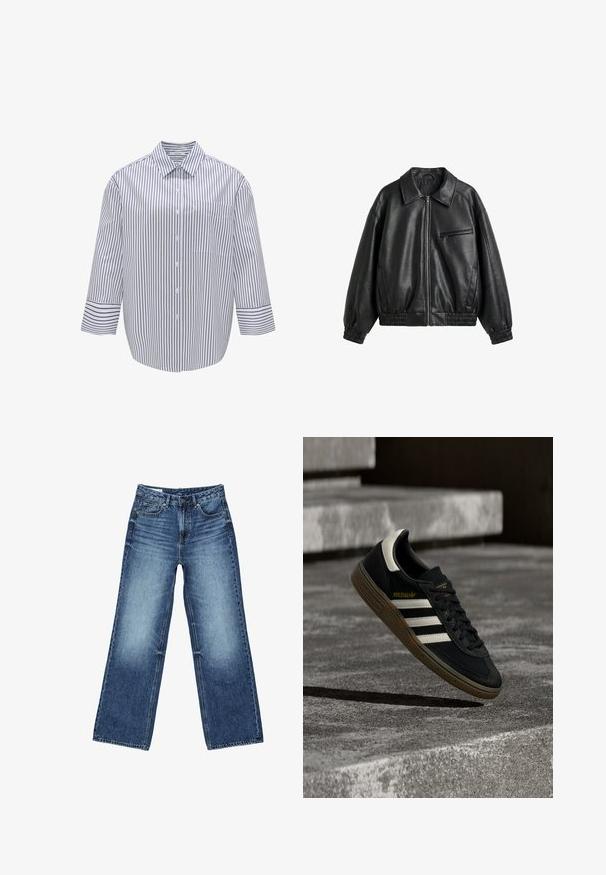 Schwarze Jacke aus Kunstleder mit Frontreißverschluss, spitzem Kragen, elastischen Bündchen und Saum sowie einer Reißverschlusstasche auf der Brust vor weißem Hintergrund.; Gestreiftes Hemd mit Kragen, weißer Grundfarbe und dunkelblauen vertikalen Streifen. Verfügt über eine Brusttasche und breite, dreiviertellange Ärmel.; Blaue Jeans mit weitem Bein, ausgestattet mit vorderen und Münztaschen, Knopfverschluss und ausgewaschenen Bereichen an Oberschenkeln und Knien.; Schwarzer Adidas-Sneaker mit weißen Streifen und Gummisohle schwebt über grauen Betonstufen im natürlichen Licht.