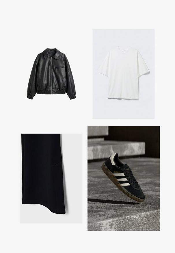 Veste noire en cuir synthétique avec fermeture éclair devant, col pointu, poignets et ourlet élastiques, et une poche poitrine zippée sur fond blanc.; T-shirt blanc surdimensionné en coton à manches courtes avec col rond et une petite étiquette de marque à l'intérieur du col.; Pantalons de sport noirs avec une texture lisse, un ourlet incurvé, une poche latérale et des coutures contrastées, conçus pour le confort et la mobilité.; Baskets Adidas noires avec des bandes blanches et une semelle en gomme flottant au-dessus d'escaliers en béton gris sous une lumière naturelle.