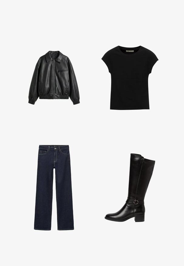 Veste noire en cuir synthétique avec fermeture éclair devant, col pointu, poignets et ourlet élastiques, et une poche poitrine zippée sur fond blanc.; T-shirt noir à manches courtes avec un col rond. Confectionné en coton lisse et extensible. Design simple sans motifs ni graphismes.; Jeans en denim brut avec une coupe décontractée. Présentent une taille haute, cinq poches et des coutures contrastées. Design à jambe droite, sans embellissements.; Botte en cuir noir montante avec un bout arrondi, une sangle décorative avec une boucle circulaire, et un petit talon carré. Texture lisse et brillante.