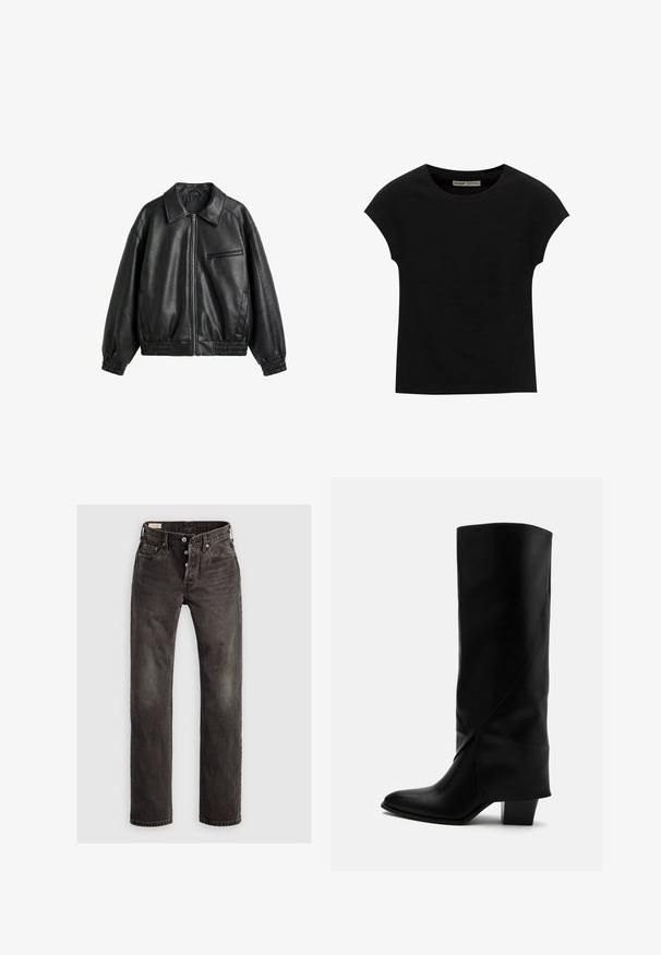 Schwarze Jacke aus Kunstleder mit Frontreißverschluss, spitzem Kragen, elastischen Bündchen und Saum sowie einer Reißverschlusstasche auf der Brust vor weißem Hintergrund.; Schwarzes T-Shirt mit kurzen Ärmeln und rundem Ausschnitt. Hergestellt aus glattem, elastischem Baumwollstoff. Einfaches Design ohne Muster oder Grafiken.; Dunkelgraue gerade Jeans aus Denim, mit Knopfverschluss, Fünf-Taschen-Design und dezenten ausgewaschenen Details auf dem Stoff.; Hoher schwarzer Lederstiefel mit schräger Naht, spitzer Spitze und klobigem mittelhohem Absatz auf weißem Hintergrund.