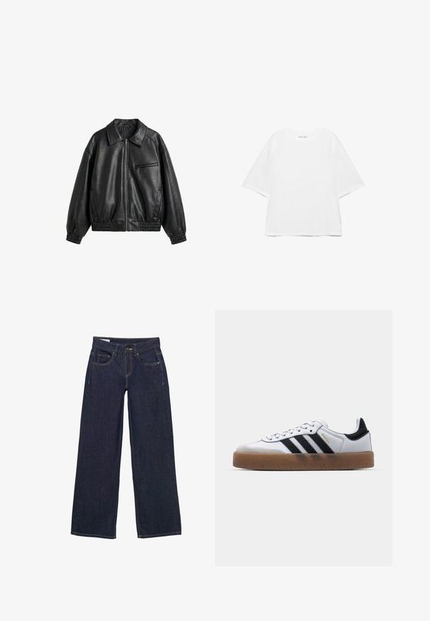 Schwarze Jacke aus Kunstleder mit Frontreißverschluss, spitzem Kragen, elastischen Bündchen und Saum sowie einer Reißverschlusstasche auf der Brust vor weißem Hintergrund.; Weißes, übergroßes T-Shirt mit kurzen Ärmeln und Rundhalsausschnitt, schlichtes Design und abgesenkte Schulternähte vor weißem Hintergrund.; Dunkelblaue, weit geschnittene Jeans aus Denim mit Knopf- und Reißverschluss, fünf Taschen und gelben Nähten.; Weiße Leder Sneakers mit schwarzen Streifen, Gummigummi-Außensohle, runder Zehenform, Schnürverschluss und weichem grauem Wildleder-Zehenkappe.