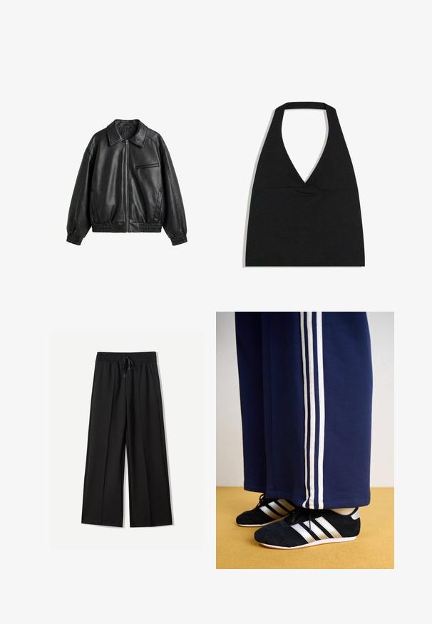 Sort faux læderjakke med frontlynlås, spids krave, elastiske manchetter og kant samt lynlåslomme på brystet på hvid baggrund.; Sort halterneck crop top med dyb V-udskæring og bred nakkestrop mod en hvid baggrund.; Sorte bukser med bred benvidde lavet af blødt stof. Har en elastisk talje med snøre og to sidelommer. Flad front med plisseringer.; Mørkeblå træningsbukser med tre hvide lodrette striber og sorte sportssko med sølvstriber og en struktureret overflade. Gul gulv.