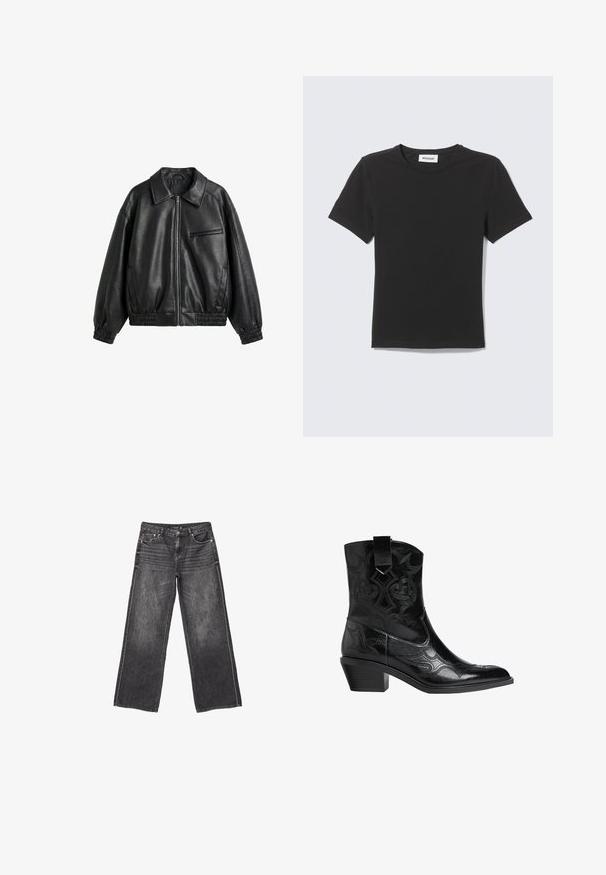 Veste noire en cuir synthétique avec fermeture éclair devant, col pointu, poignets et ourlet élastiques, et une poche poitrine zippée sur fond blanc.; T-shirt noir à manches courtes col rond posé à plat avec une petite étiquette blanche à l'intérieur du col sur un fond clair.; Jean en denim gris foncé à jambes larges avec poches avant et arrière, fermeture à bouton et dégradé subtil.; Botte de cowboy en cuir noir avec un bout pointu, des coutures décoratives et un petit talon carré. Comprend une languette pour un enfilage facile.