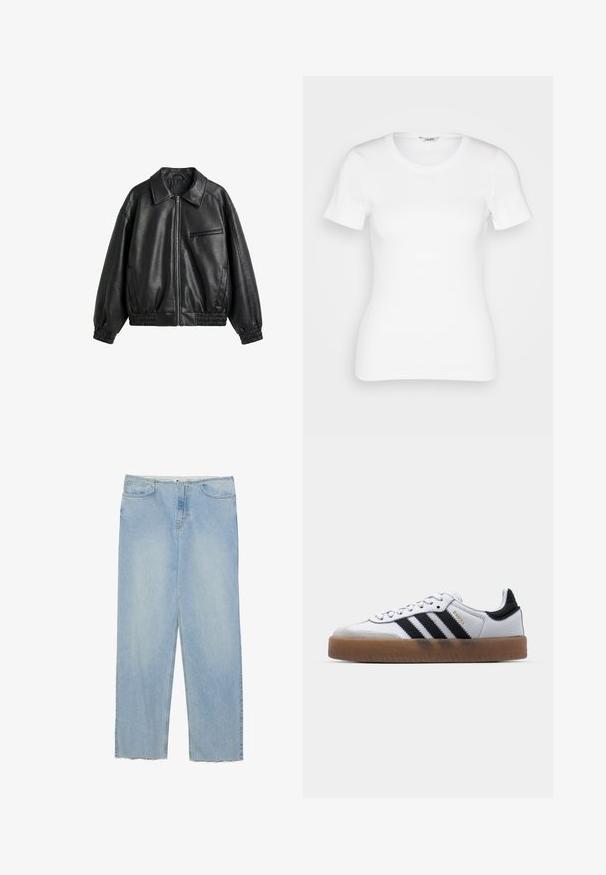 Veste noire en cuir synthétique avec fermeture éclair devant, col pointu, poignets et ourlet élastiques, et une poche poitrine zippée sur fond blanc.; T-shirt en coton blanc avec des manches courtes, un col rond et une texture côtelée. Design ajusté avec une finition lisse et nette.; Jean en denim bleu clair avec une coupe droite, doté d'une taille haute, de cinq poches et de détails d'ourlet effiloché.; Baskets en cuir blanc avec des rayures noires, semelle extérieure en caoutchouc beige, bout rond, fermeture lacée et embout en suède gris doux.