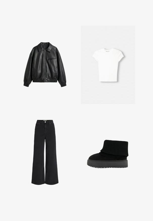 Veste noire en cuir synthétique avec fermeture éclair devant, col pointu, poignets et ourlet élastiques, et une poche poitrine zippée sur fond blanc.; T-shirt blanc à manches courtes en coton doux, avec un col rond et une coupe ajustée. Pas de motifs ni d'ornements visibles.; Jean en denim noir à jambes larges avec design à cinq poches, taille haute et fermeture à bouton. Présente des coutures discrètes et une finition soignée.; Bottine noire avec un col en tricot côtelé et une semelle plate et texturée. Fabriquée à partir d'une combinaison de daim et de matériaux élastiques.