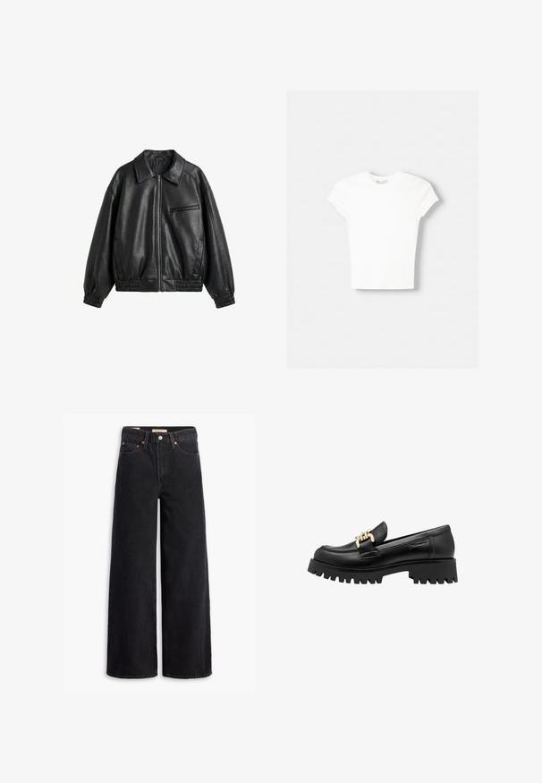 Veste noire en cuir synthétique avec fermeture éclair devant, col pointu, poignets et ourlet élastiques, et une poche poitrine zippée sur fond blanc.; T-shirt blanc à manches courtes en coton doux, avec un col rond et une coupe ajustée. Pas de motifs ni d'ornements visibles.; Jean noir à jambe large en denim, comportant cinq poches, des rivets en laiton et une fermeture à bouton classique. Texture lisse avec un design épuré.; Mocassin en cuir noir avec une semelle en caoutchouc épaisse, ornée d'une chaîne dorée décorative à l'avant. Texture lisse avec un bout arrondi.