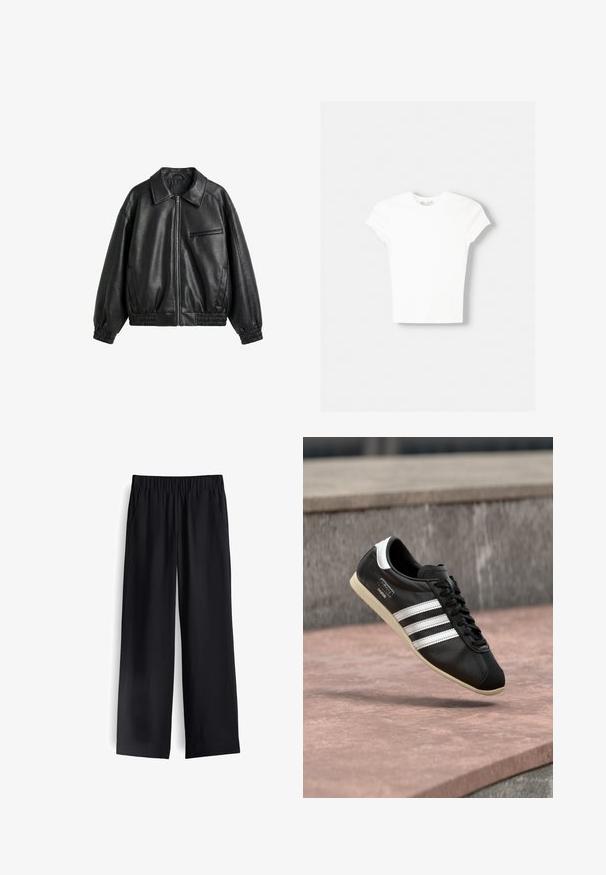 Zwarte faux leren jas met ritssluiting aan de voorkant, puntige kraag, elastische manchetten en zoom, en een ritssluiting borstzak op een witte achtergrond.; Witte t-shirt met korte mouwen van zachte katoen, met een ronde halslijn en een getailleerde vorm. Geen zichtbare patronen of versieringen.; Zwarte wijde broek van soepel materiaal, met een elastische tailleband en twee zijzakken, met een vloeiende drape en een minimalistisch ontwerp.; Zwarte leren sneaker met witte strepen en zool, veters gestrikt, zwevend boven een rozeachtig betonnen oppervlak met een grijze stenen muur op de achtergrond.