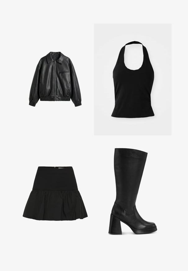 Veste noire en cuir synthétique avec fermeture éclair devant, col pointu, poignets et ourlet élastiques, et une poche poitrine zippée sur fond blanc.; Haut halter noir en tissu doux, avec un col rond et une silhouette ajustée, à la texture lisse et sans motifs visibles.; Mini-jupe noire avec une taille ajustée et une partie inférieure froncée et évasée, avec une fermeture éclair discrète à l'arrière.; Bottes noires jusqu'au genou en cuir lisse, avec un talon épais et un bout rond. Le design est épuré avec un minimum de matériel.