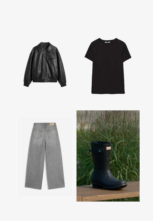 Zwarte faux leren jas met ritssluiting aan de voorkant, puntige kraag, elastische manchetten en zoom, en een ritssluiting borstzak op een witte achtergrond.; Zwart katoenen T-shirt met korte mouwen, ronde hals, standaard pasvorm en zichtbaar binnenlabel in de nek.; Grijze wijde denim jeans met achterkant met twee zakken en riemlussen plat op een witte achtergrond gelegd.; Zwarte rubberen regenlaarzen met een glanzende afwerking, voorzien van een zilveren gesp en een logo patch. De zool is gestructureerd voor grip.