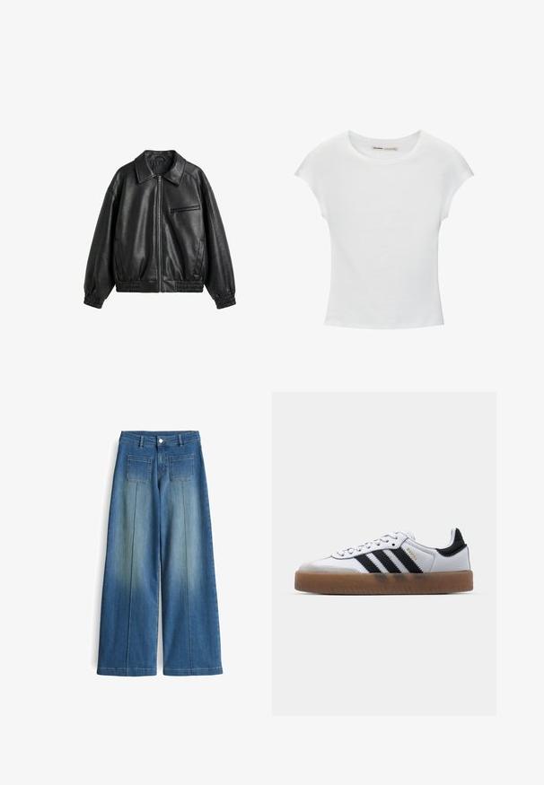 Schwarze Jacke aus Kunstleder mit Frontreißverschluss, spitzem Kragen, elastischen Bündchen und Saum sowie einer Reißverschlusstasche auf der Brust vor weißem Hintergrund.; Weißes Baumwoll-T-Shirt mit kurzen, aufgerollten Ärmeln, rundem Ausschnitt und geradem Saum. Glatte Textur ohne sichtbare Muster oder Akzente.; Weite, hellblaue Jeans mit einem verwaschenen Look, zwei Gesäßtaschen und einem glatten Finish. Verfügt über einen klassischen Knopf- und Reißverschluss.; Weiße Leder Sneakers mit schwarzen Streifen, Gummigummi-Außensohle, runder Zehenform, Schnürverschluss und weichem grauem Wildleder-Zehenkappe.