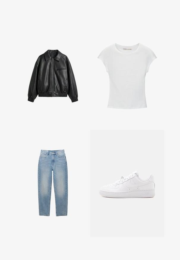 Zwarte faux leren jas met ritssluiting aan de voorkant, puntige kraag, elastische manchetten en zoom, en een ritssluiting borstzak op een witte achtergrond.; Witte katoenen T-shirt met korte, opgerolde mouwen, een ronde halslijn en een rechte zoom. Gladde textuur zonder zichtbare patronen of accenten.; Lichtblauwe denim jeans met rechte pijpen, voorzien van een knoopsluiting aan de voorkant, rits en vijf zakken, afgebeeld tegen een witte achtergrond.; Low-top witte sneaker met geperforeerde neus, vetersluiting, textuurschoen en een subtiel Swoosh-logo aan de zijkant.